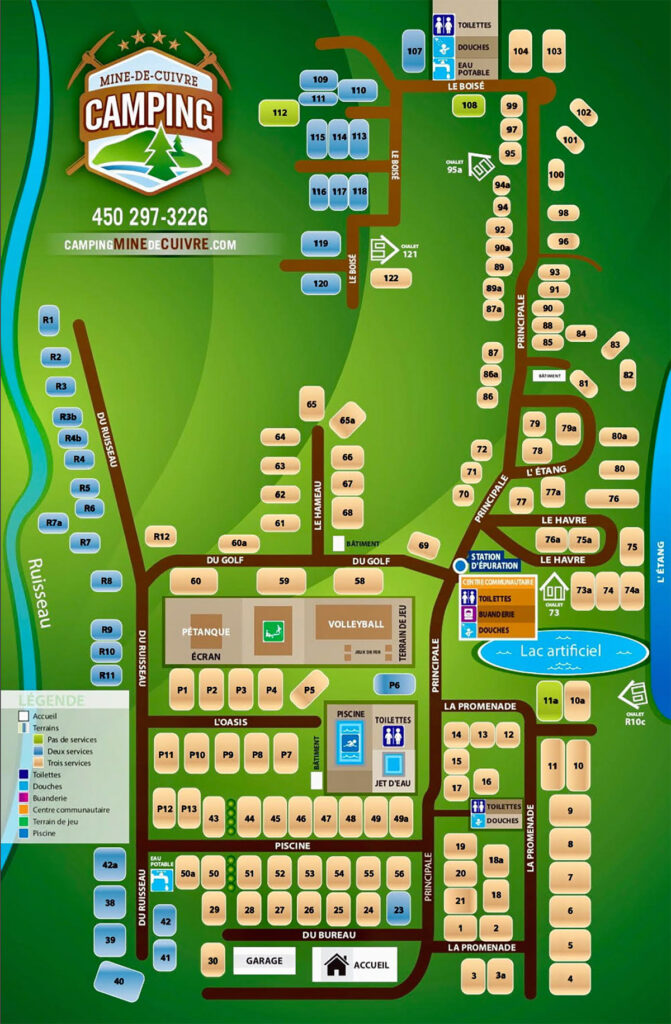 Plan du camping la Mine de cuivre à Eastman en Estrie